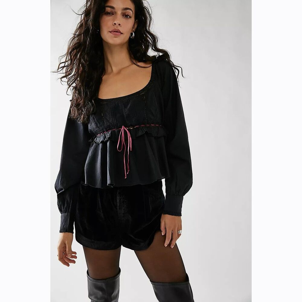 Free People Cathleen Copped Blouse Top Smocked Lace Ruffle Cotton Black S 280246